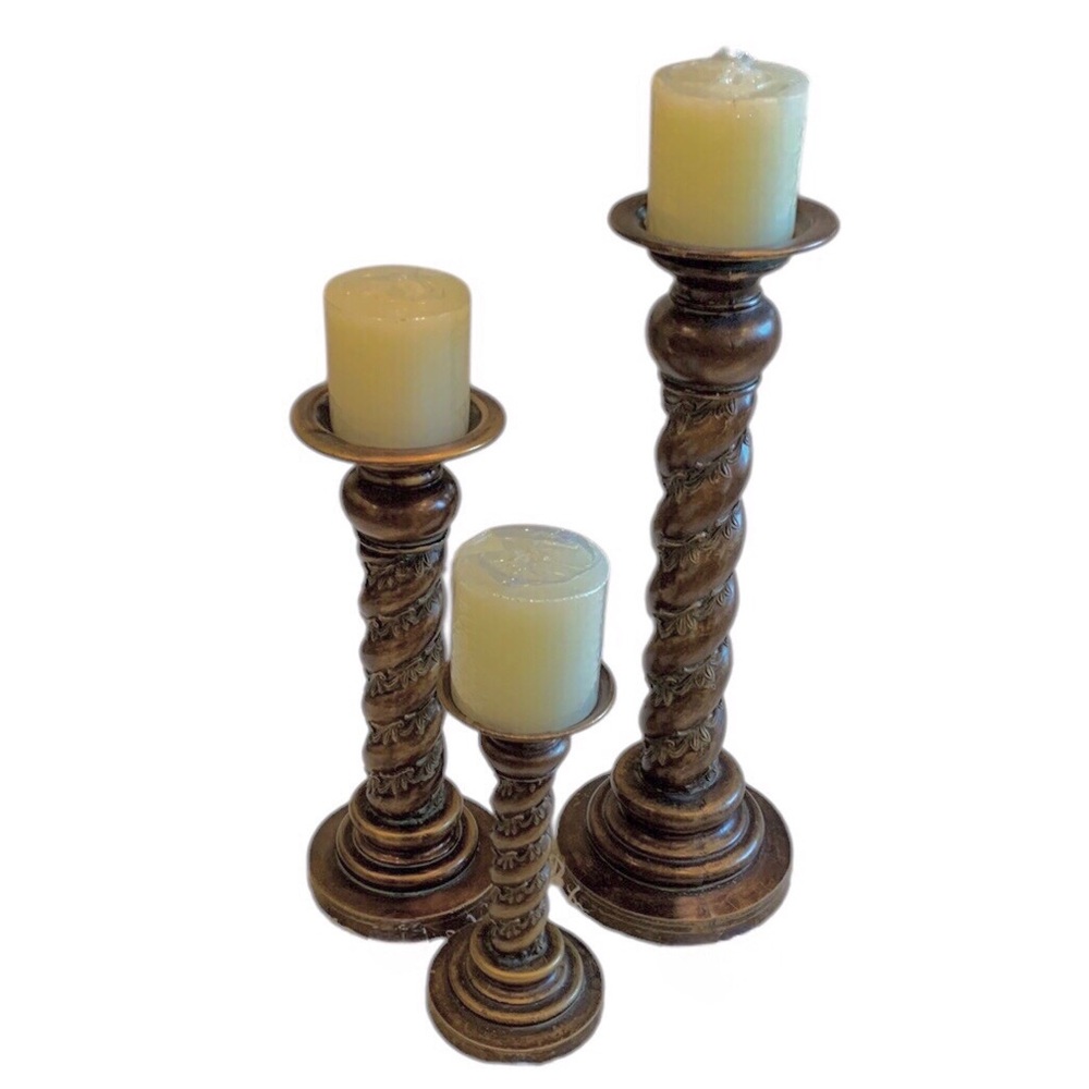 🆕 Exotic Carved Pillar Candle Holders - Set of 3 🕯️